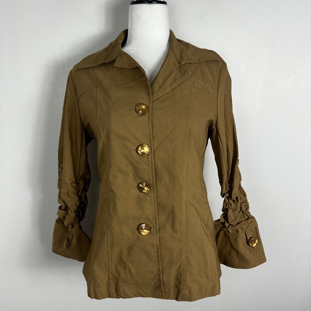 Joseph Ribkoff Canada Khaki Brown Button Front Jacket Womens Size 10 Ruched Coat